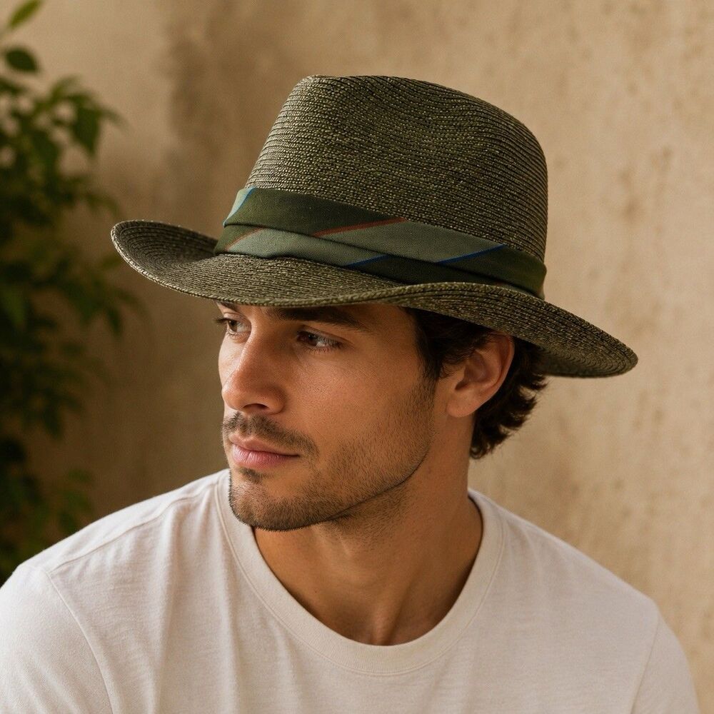 Towncraft Olive Green Straw Fedora Hat Size 7 Long Oval Ribbon Band USA